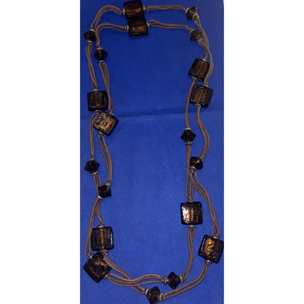 Vintage Extra Long Translucent Amber Brown Glass Square Beads Cord Necklace 38"